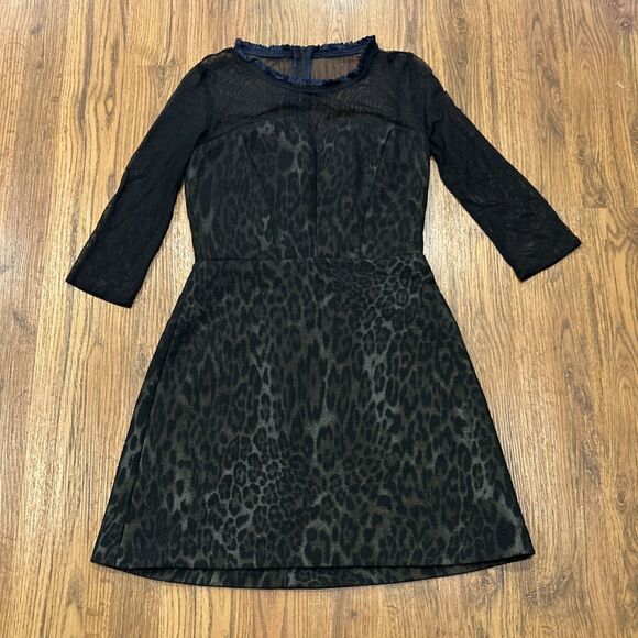 Sandro Paris Dress Womens 1 US Small Black Brown Animal Print Sheer Sleeves Top - Picture 1 of 8